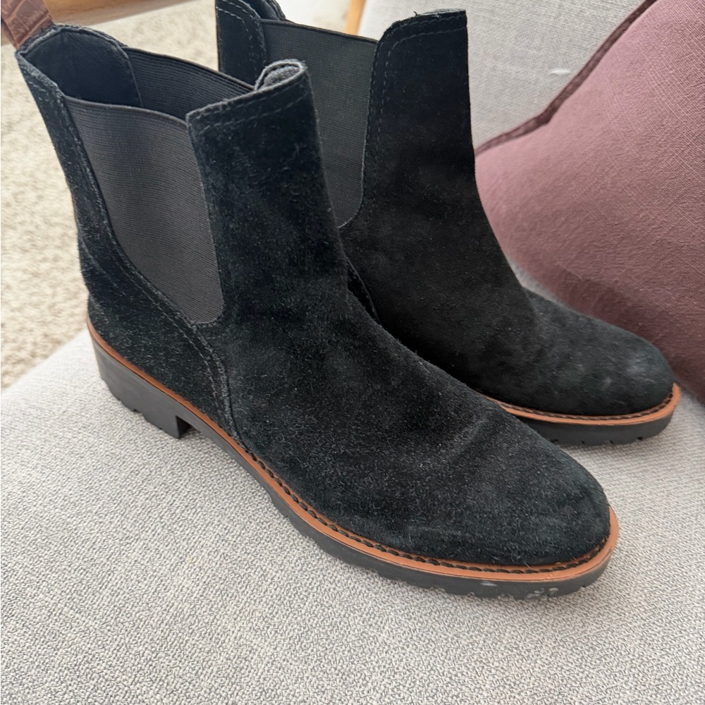 Sam Edelman Black Suede Chelsea Boots with Brown Trim